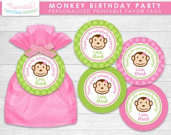 Monkey Girl Theme Birthday Party Favor Tags | Pink & Green | Personalized | Printable DIY Digital File