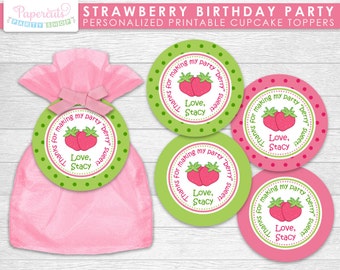 Strawberry Theme Birthday Party Favor Tags | | Rose & Vert | personnalisés Fichier numérique DE bricolage imprimable