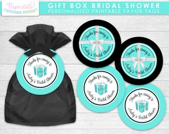 Gift Box Theme Bridal Shower Favor Tags | Turquoise & Black | Personalized | Printable DIY Digital File