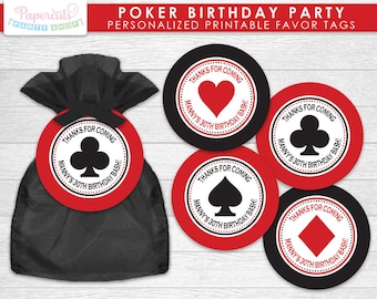 Casino Night Poker Theme Birthday Party Favor Tags | Red & Black | Personalized | Printable DIY Digital File