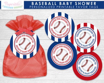 Baseball Theme Baby Shower Favor Tags | Blue & Red | Personalized | Printable DIY Digital File