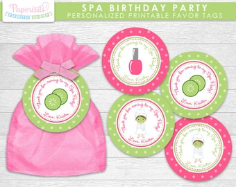 Spa Theme Birthday Party Favor Tags | Pink & Green | Personalized | Printable DIY Digital File