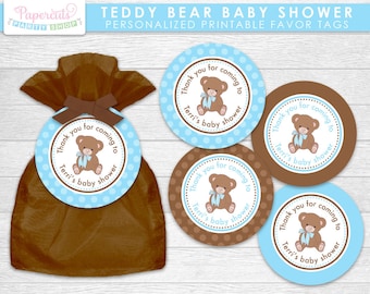 Teddy Bear Theme Baby Shower Favor Tags | Blue & Brown | It's a Boy | Personalized | Printable DIY Digital File