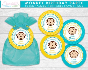 Monkey Boy Theme Birthday Party Favor Tags | Yellow & Teal | Personalized | Printable DIY Digital File