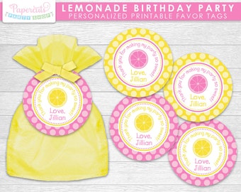 Lemonade Theme Birthday Party Favor Tags | Yellow & Pink | Personalized | Printable DIY Digital File