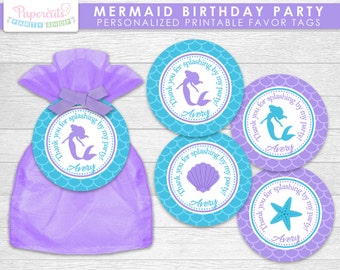 Mermaid Theme Birthday Party Favor Tags | Purple & Blue | Personalized | Printable DIY Digital File