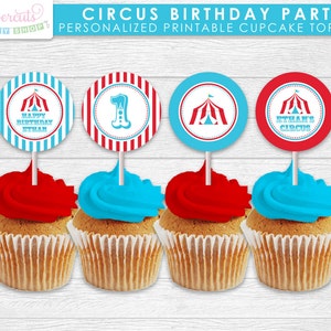 Circus / Carnival Theme Birthday Party Cupcake Toppers Aqua & Red Personalized Printable DIY Digital File image 1