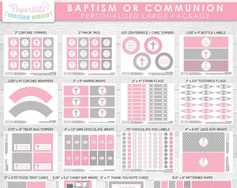 Baptism or First Holy Communion LARGE Party Package | Pink & Grey | Personalized | Printable DIY Digital Files