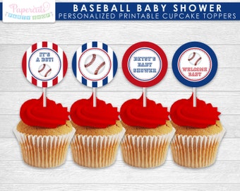 Baseball Theme Baby Shower Cupcake Toppers | Blue & Red | Personalized | Printable DIY Digital File