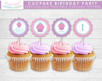 Cupcake Theme Birthday Party Cupcake Toppers | Purple & Pink | Personalized | Printable DIY Digital File