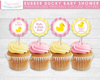 Rubber Ducky Theme Baby Shower Cupcake Toppers | Pink & Yellow | It's a Girl | Personalized | Printable DIY Digital File