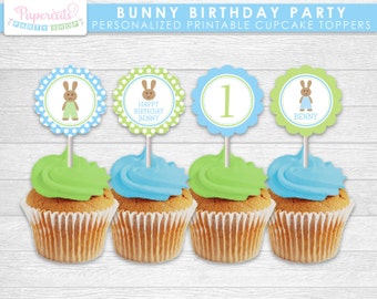 Bunny Rabbit Boy Theme Birthday Party Cupcake Toppers | Blue & Green | Personalized | Printable DIY Digital File