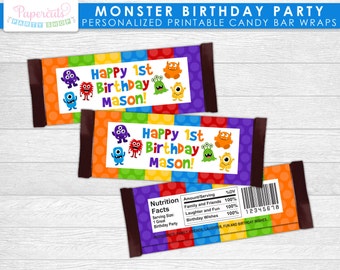 Little Monster Theme Birthday Party Chocolate Bar Wrappers | Blue Orange Green Yellow Purple & Red | Personalized | Printable Digital File