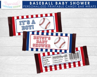 Baseball Theme Baby Shower Chocolate Bar Wrappers | Blue & Red | Personalized | Printable DIY Digital File