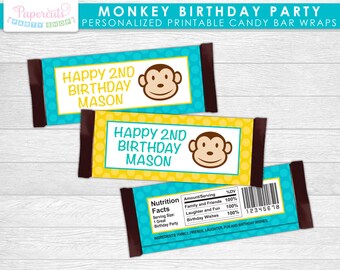 Monkey Boy Theme Birthday Party Chocolate Bar Wrapper | Yellow & Teal | Personalized | Printable DIY Digital File