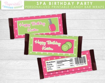 Spa Theme Birthday Party Chocolate Bar Wrappers | Pink & Green | Personalized | Printable DIY Digital File