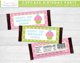 Cupcake Theme Birthday Party Chocolate Bar Wrappers | Green & Pink | Personalized | Printable DIY Digital File