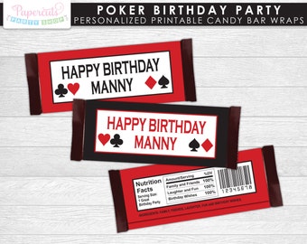 Casino Night Poker Theme Birthday Party Chocolate Bar Wrappers | Red & Black | Personalized | Printable DIY Digital File