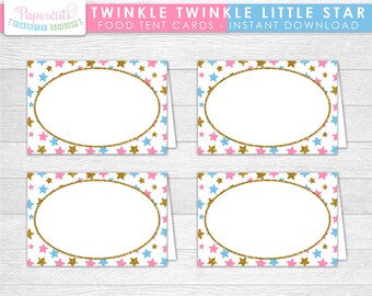 Twinkle Little Star Blank Food Tent Cards | Pink Blue Gold | Baby Shower | Gender Reveal | Printable DIY Digital File | INSTANT DOWNLOAD