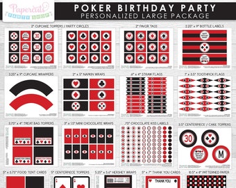 Casino Night Poker Theme LARGE Birthday Party Package | Red & Black | Personalized | Printable DIY Digital Files
