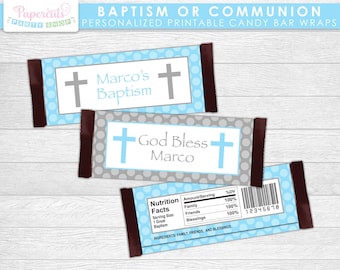 Baptism or First Holy Communion Chocolate Bar Wrapper | Blue & Grey | Personalized | Printable DIY Digital File