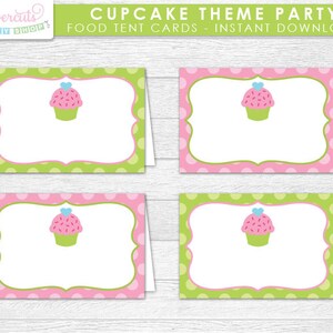 Cupcake Theme Party Blank Food Tent Cards | Green & Pink | Printable DIY Digital File | INSTANT DOWNLOAD