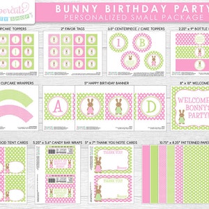 Bunny Rabbit Girl Theme SMALL Birthday Party Package | Pink & Green | Personalized | Printable DIY Digital Files