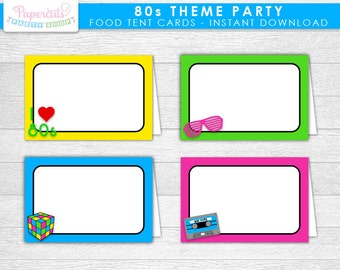 Totally 80s Theme Party Blank Food Tent Cards | Neon Green Pink Blue & Yellow | Printable DIY Digital Files | INSTANT DOWNLOAD