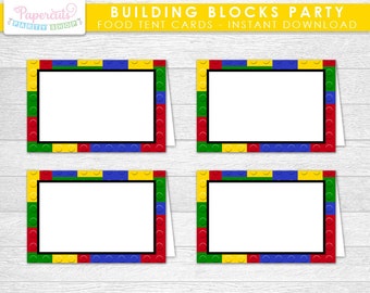 Building Blocks Theme Party Blank Food Tent Cards | Yellow Red Blue & Green | Printable DIY Digital File | INSTANT DOWNLOAD