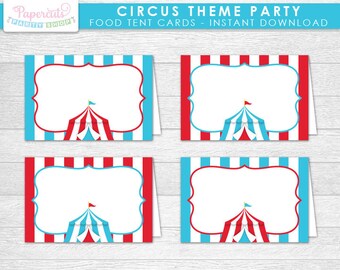 Circus / Carnival Theme Party Blank Food Tent Cards | Aqua & Red | Printable DIY Digital File | INSTANT DOWNLOAD