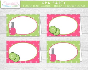 Spa Theme Birthday Party Blank Food Tent Cards | Pink & Green | Printable DIY Digital File | INSTANT DOWNLOAD