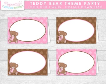 Teddy Bear Theme Blank Food Tent Card | Pink & Brown | Printable DIY Digital File | INSTANT DOWNLOAD