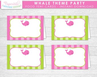 Tarjetas de tienda de comida en blanco para fiesta temática de ballenas / rosa y verde / archivo digital DIY imprimible / DESCARGA INSTANTÁNEA