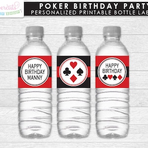 Casino Night Poker Theme Birthday Party Water Bottle Labels | Red & Black | Personalized | Printable DIY Digital File