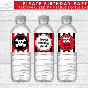 Pirate Theme Birthday Party Etiquetas de botellas de agua / Rojo y Negro / Personalizado / Archivo digital de bricolaje imprimible