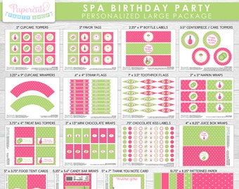 Spa Theme LARGE Birthday Party Package | Pink & Green | Personalized | Printable DIY Digital Files