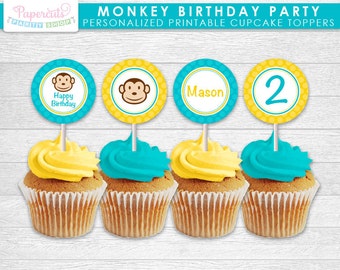 Monkey Boy Theme Birthday Party Cupcake Toppers | Yellow & Teal | Personalized | Printable DIY Digital File