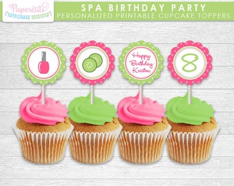 Spa Theme Birthday Party Cupcake Toppers | Pink & Green | Personalized | Printable DIY Digital File