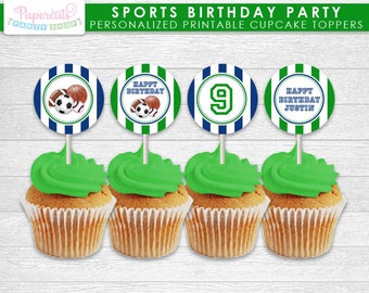 All Star Sports Theme Birthday Party Cupcake Toppers | Green & Blue | Personalized | Printable DIY Digital File