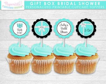 Gift Box Theme Bridal Shower Cupcake Toppers | Turquoise & Black | Personalized | Printable DIY Digital File