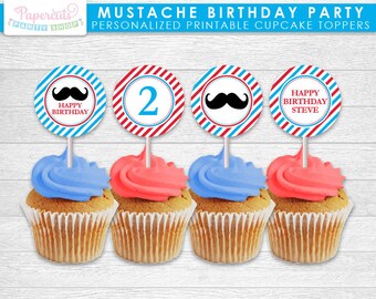 Thème Moustache Fête d’anniversaire Cupcake Toppers | | Rouge & Bleu | personnalisés Fichier numérique DE bricolage imprimable