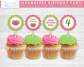 Strawberry Theme Birthday Party Cupcake Toppers | Pink & Green | Personalized | Printable DIY Digital File