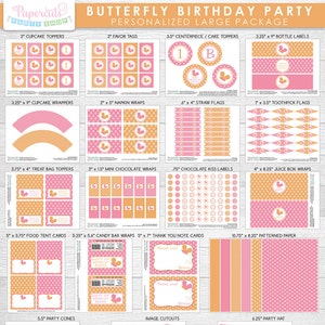 Butterfly Theme LARGE Happy Birthday Party Package Pink & Orange Personalized Printable DIY Digital File image 1