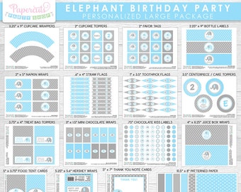 Elephant Theme LARGE Birthday Party Package | Blue & Grey | Personalized | Printable DIY Digital Files