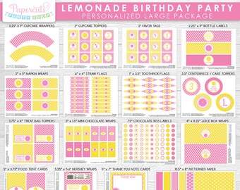 Lemonade Theme LARGE Birthday Party Package | Yellow & Pink | Personalized | Printable DIY Digital Files