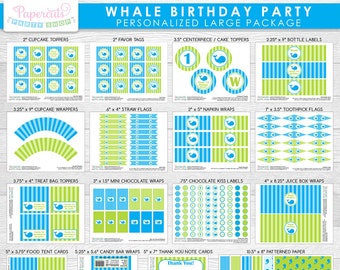 Whale Theme LARGE Birthday Party Package | Blue & Green | Personalized | Printable DIY Digital Files