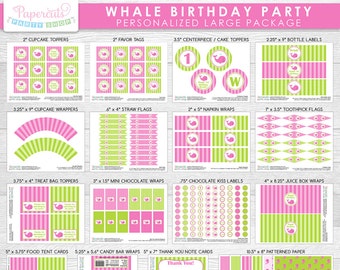 Whale Theme LARGE Birthday Party Package | Pink & Green | Personalized | Printable DIY Digital Files