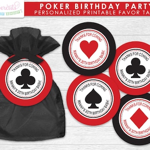 Casino Night Poker Theme Birthday Party Favor Tags | Red & Black | Personalized | Printable DIY Digital File