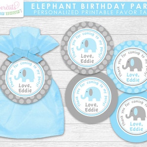 Elephant Theme Birthday Party Favor Tags Blue & Grey Personalized Printable DIY Digital File image 1