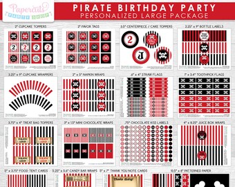 Pirate Theme LARGE Birthday Party Package | Red & Black | Personalized | Printable DIY Digital File